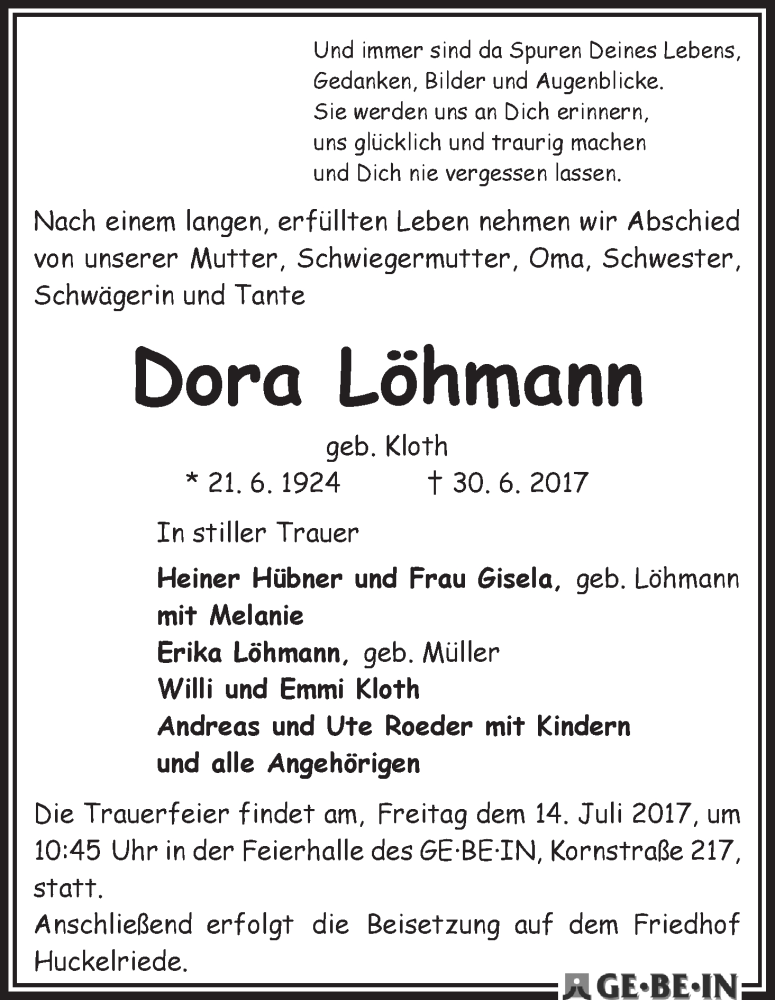 Traueranzeige von Dora Löhmann von WESER-KURIER