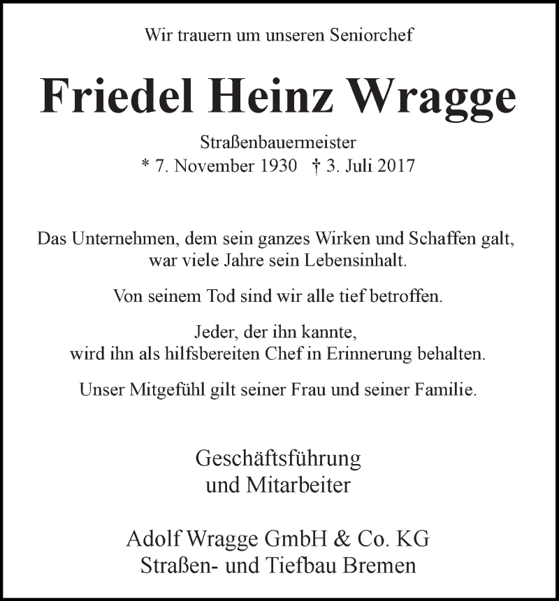 Traueranzeige von Friedel Heinz Wragge von WESER-KURIER