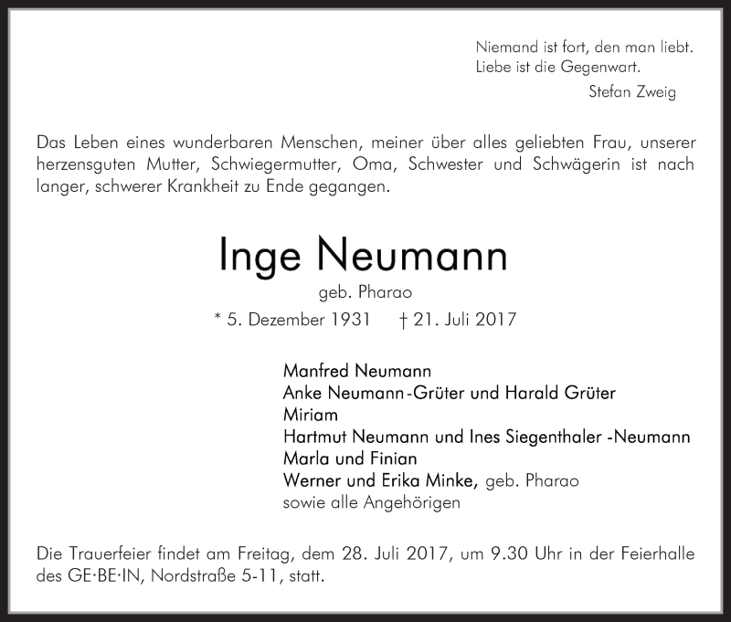 Traueranzeige von Inge Neumann von WESER-KURIER