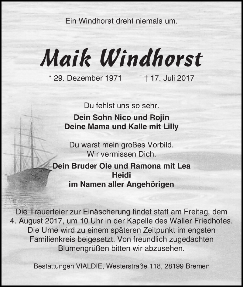 Traueranzeige von Maik Windhorst von WESER-KURIER