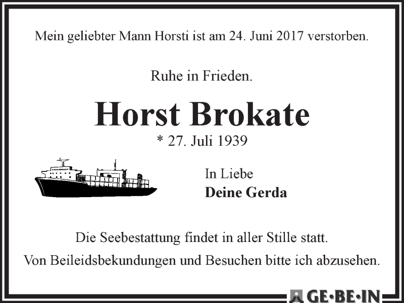Traueranzeige von Horst Brokate von WESER-KURIER