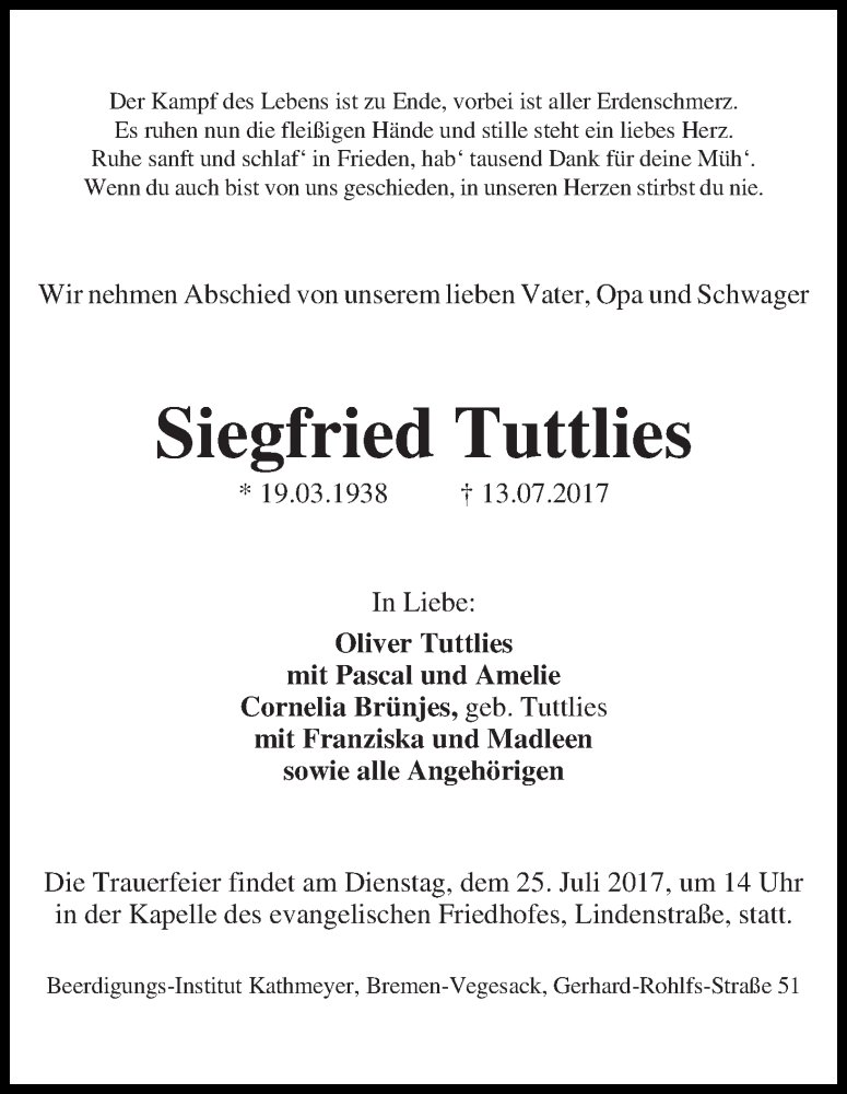 Traueranzeige von Siegfried Tuttlies von Die Norddeutsche