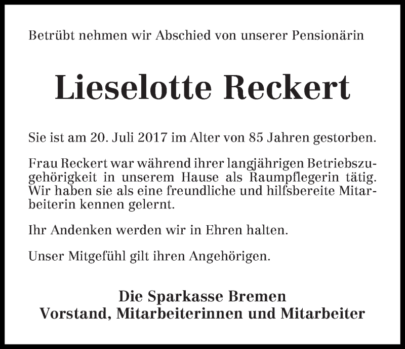 Traueranzeige von Lieselotte Reckert von WESER-KURIER