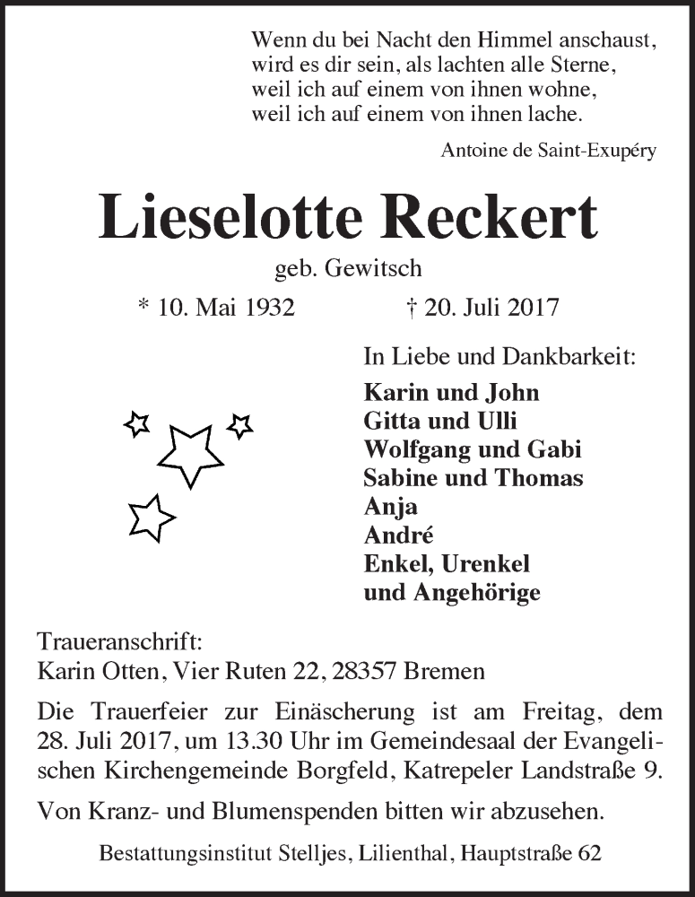 Traueranzeige von Lieselotte Reckert von Wuemme Zeitung