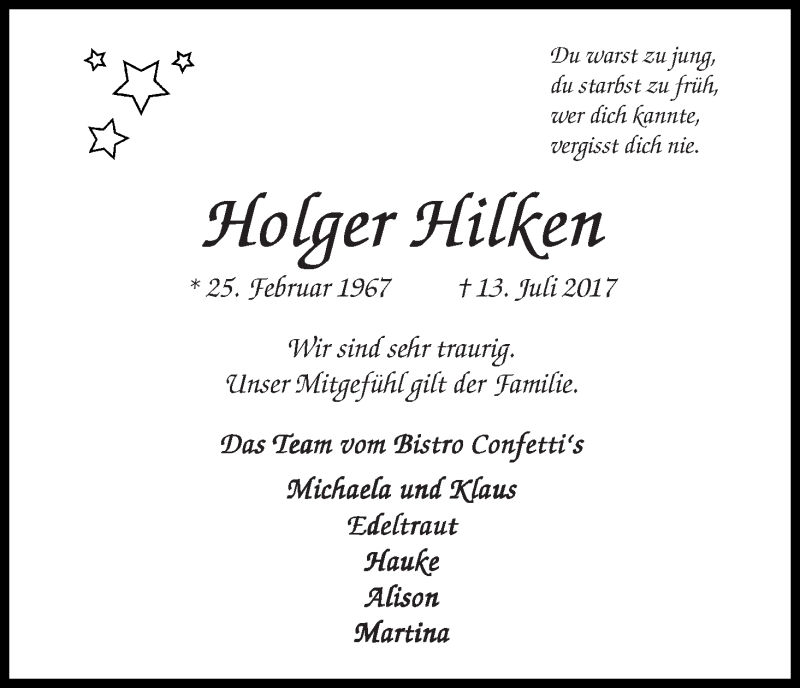 Traueranzeige von Holger Hilken von Wuemme Zeitung