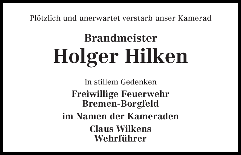 Traueranzeige von Holger Hilken von Wuemme Zeitung
