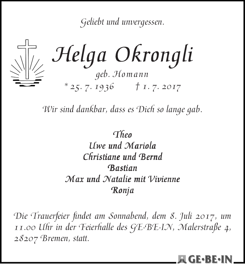 Traueranzeige von Helga Okrongli von WESER-KURIER