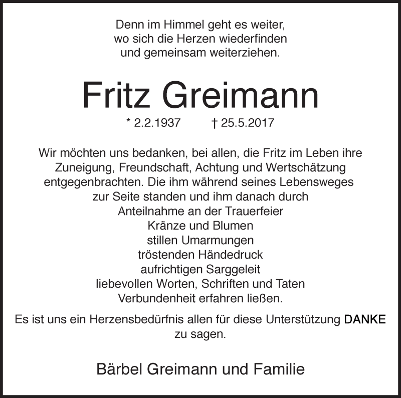 Traueranzeige von Fritz Greimann von WESER-KURIER