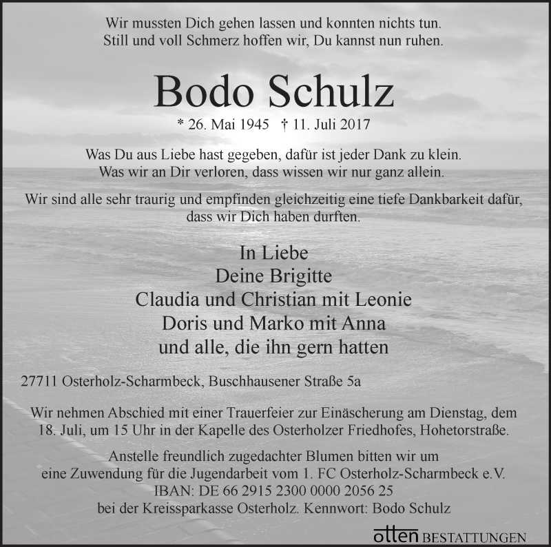 Traueranzeige von Bodo Schulz von Osterholzer Kreisblatt