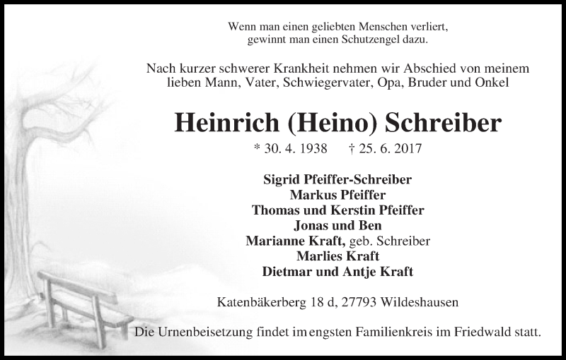 Traueranzeige von Heinrich (Heino) Schreiber von WESER-KURIER