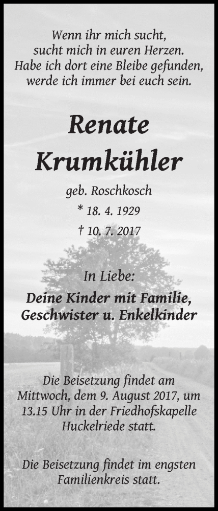 Traueranzeige von Renate Krumkühler von WESER-KURIER