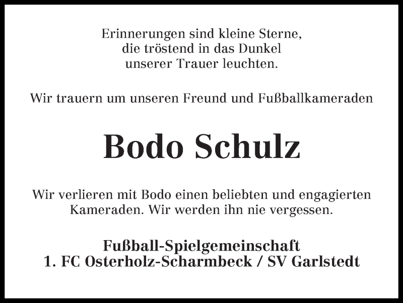 Traueranzeige von Bodo Schulz von Osterholzer Kreisblatt