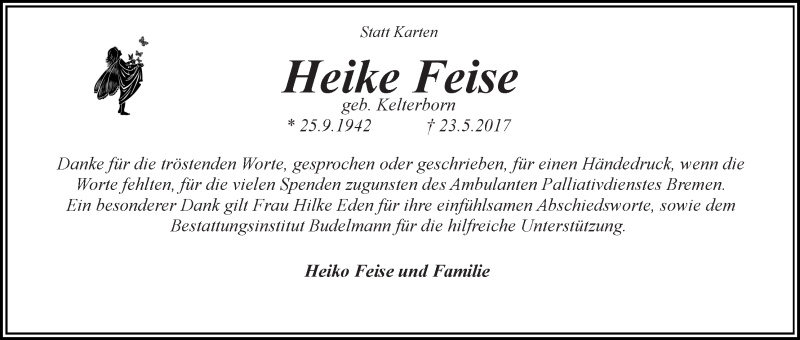 Traueranzeige von Heike Feise von Regionale Rundschau/Syker Kurier