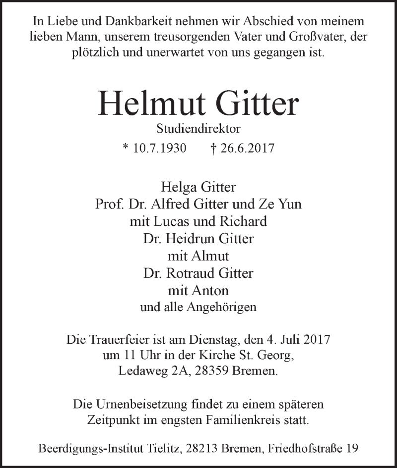 Traueranzeige von Helmut Gitter von WESER-KURIER