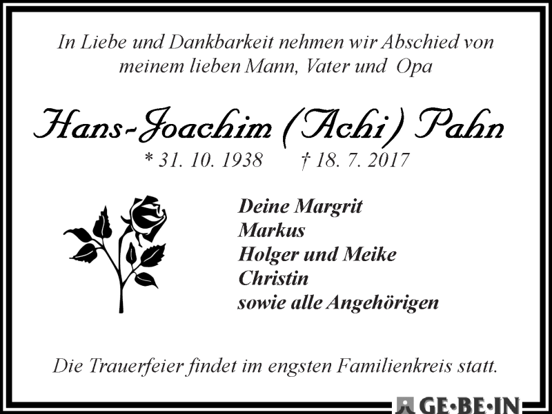 Traueranzeige von Hans-Joachim (Achi) Pahn von WESER-KURIER