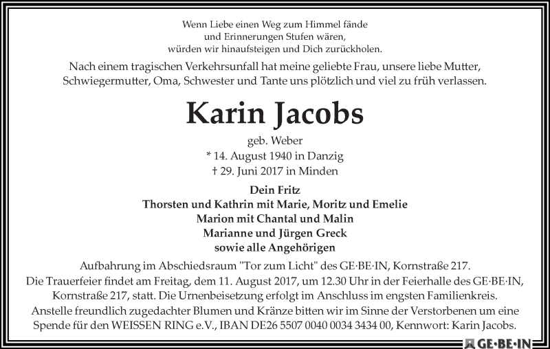 Traueranzeige von Karin Jacobs von WESER-KURIER