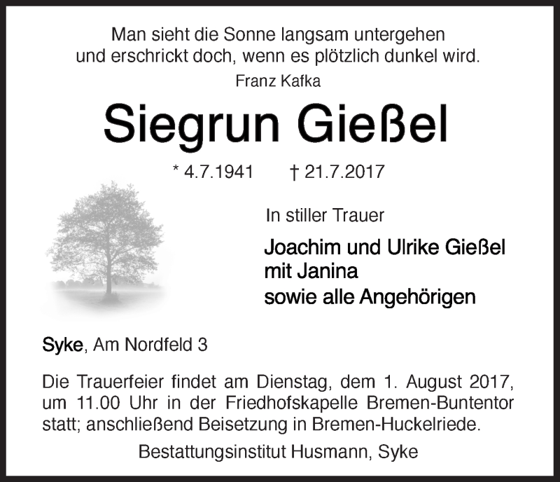 Traueranzeige von Siegrun Gieß?el von WESER-KURIER