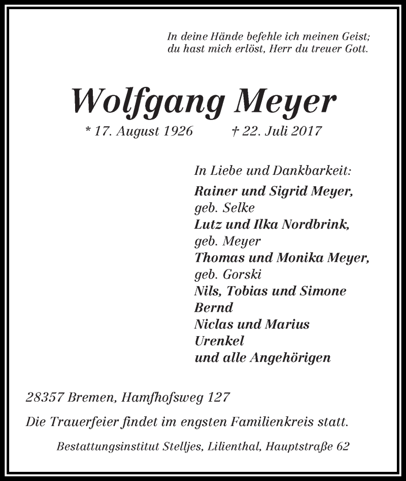 Traueranzeige von Wolfgang Meyer von Wuemme Zeitung