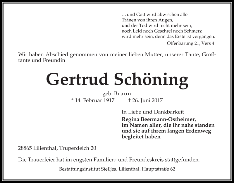 Traueranzeige von Gertrud Schöning von Wuemme Zeitung