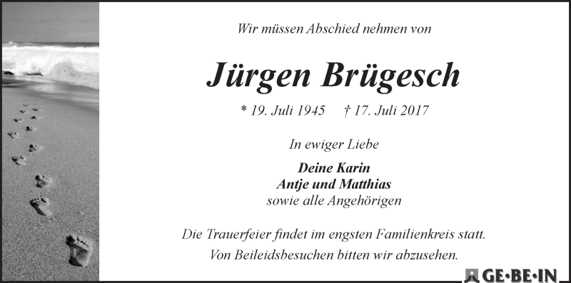 Traueranzeige von Jürgen Brügesch von WESER-KURIER