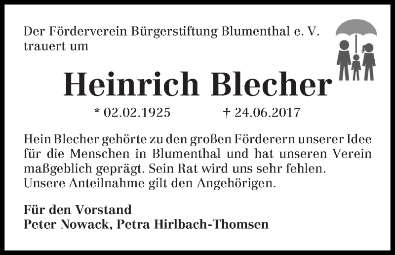 Traueranzeige von Heinrich Blecher von Die Norddeutsche