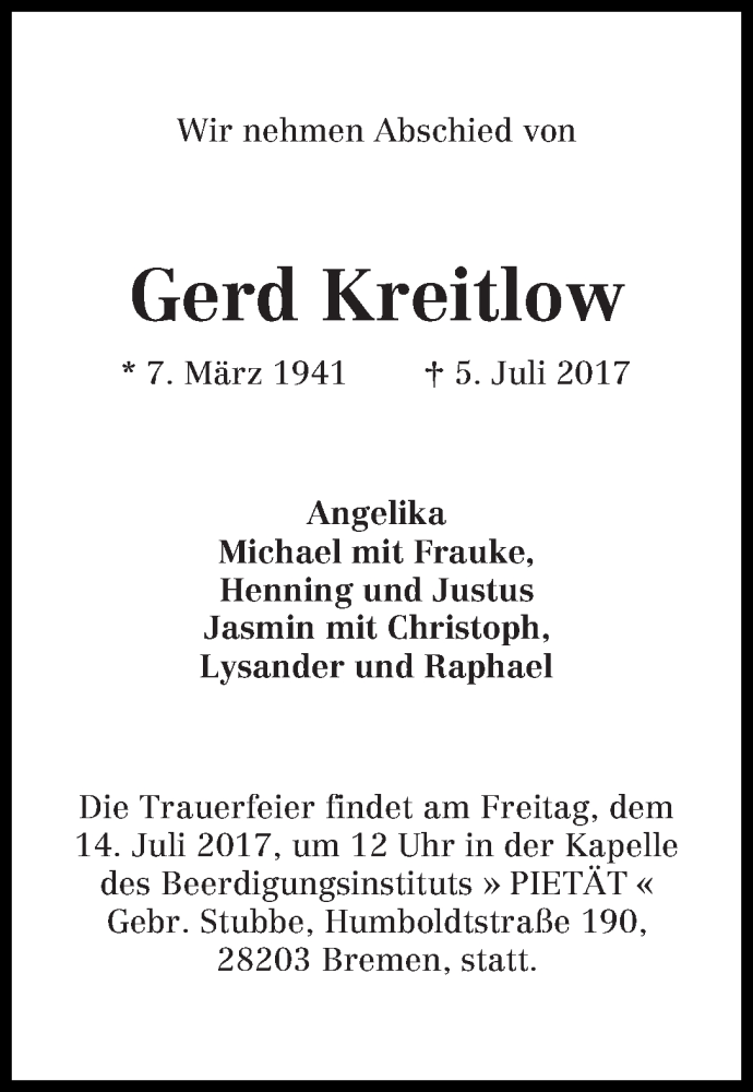 Traueranzeige von Gerd Kreitlow von WESER-KURIER