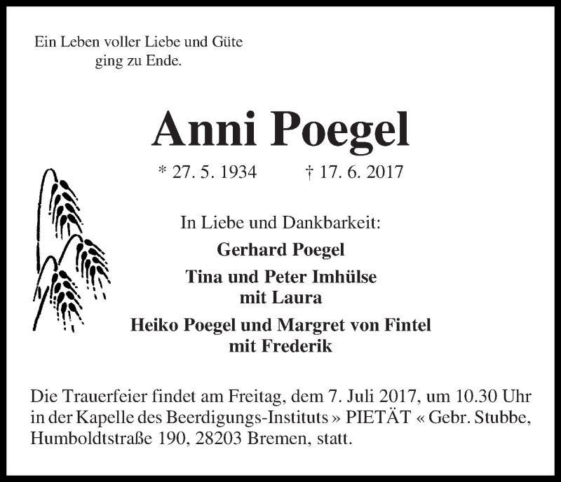 Traueranzeige von Anni Poegel von WESER-KURIER