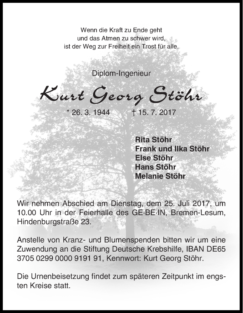 Traueranzeige von Kurt Georg Stöhr von Osterholzer Kreisblatt