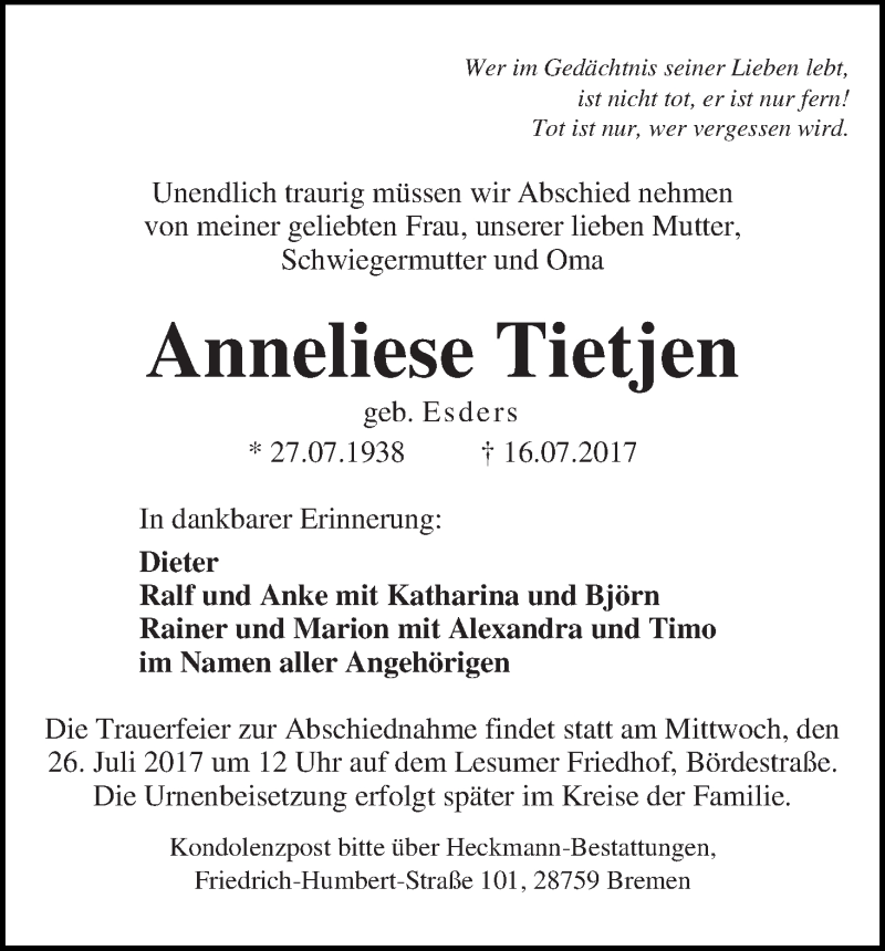 Traueranzeige von Anneliese Tietjen von Die Norddeutsche