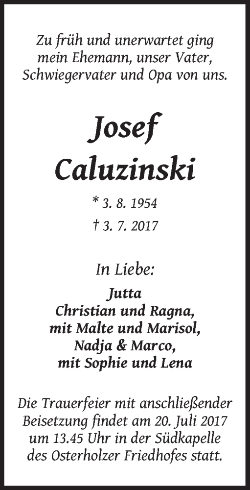 Traueranzeige von Josef Caluzinski von WESER-KURIER