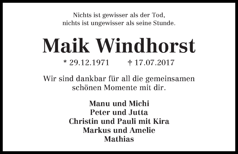 Traueranzeige von Maik Windhorst von WESER-KURIER
