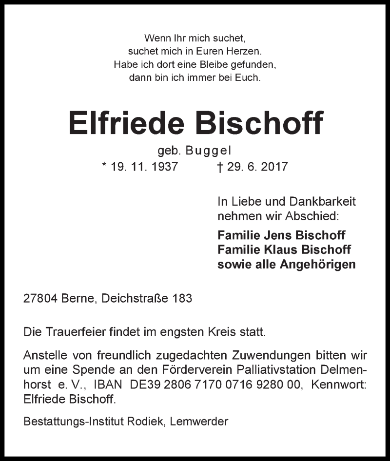 Traueranzeige von Elfriede Bischoff von Die Norddeutsche