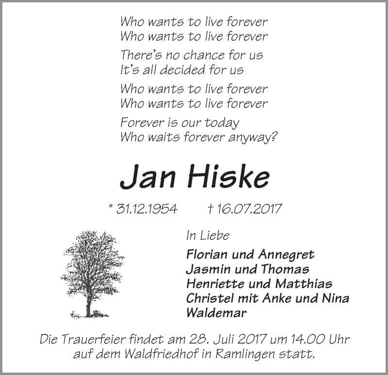 Traueranzeige von Jan Hiske von WESER-KURIER