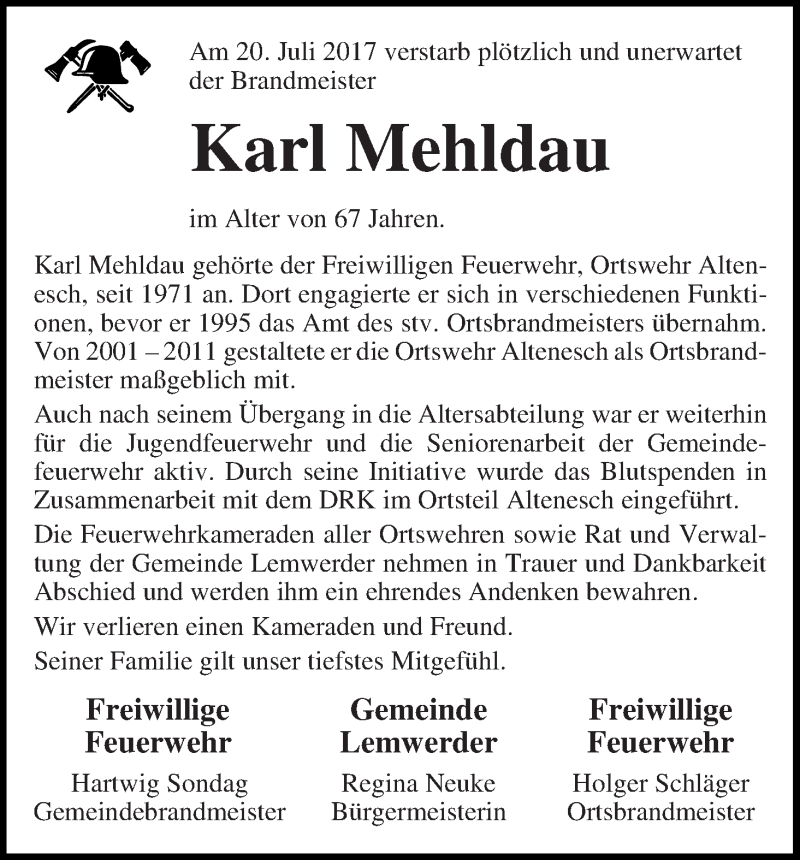 Traueranzeige von Karl Mehldau von Die Norddeutsche