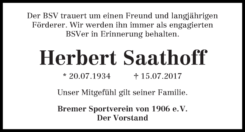Traueranzeige von Herbert Saathoff von WESER-KURIER