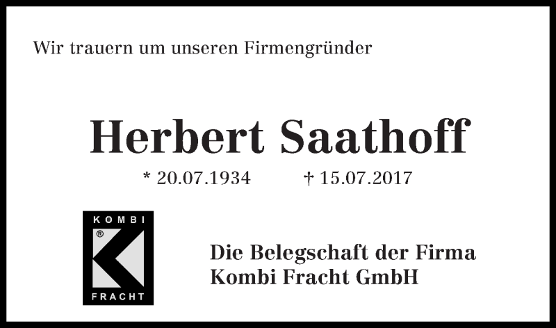 Traueranzeige von Herbert Saathoff von WESER-KURIER