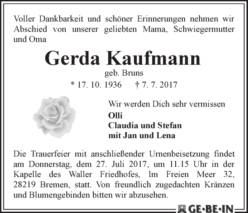 Traueranzeige von Gerda Kaufmann von WESER-KURIER