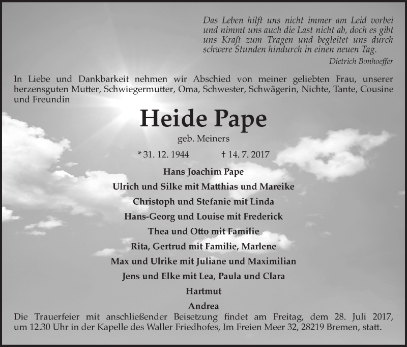 Traueranzeige von Heide Pape von WESER-KURIER