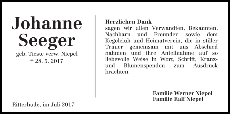 Traueranzeige von Johanne Seeger von Osterholzer Kreisblatt