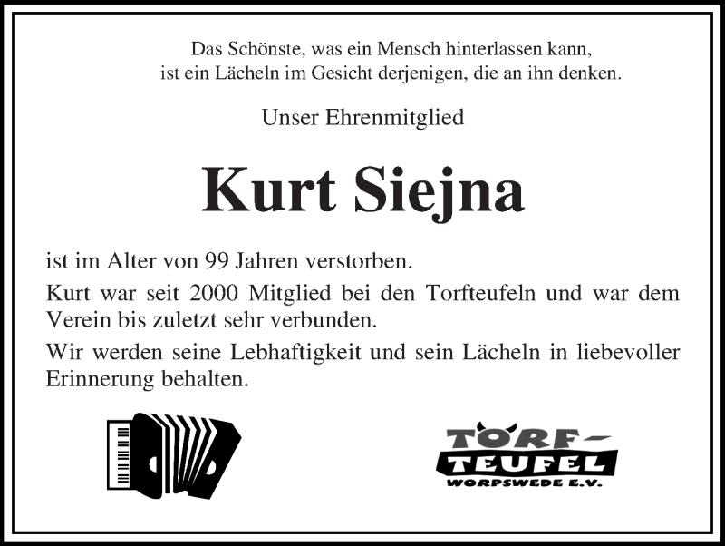 Traueranzeige von Kurt Siejna von Wuemme Zeitung