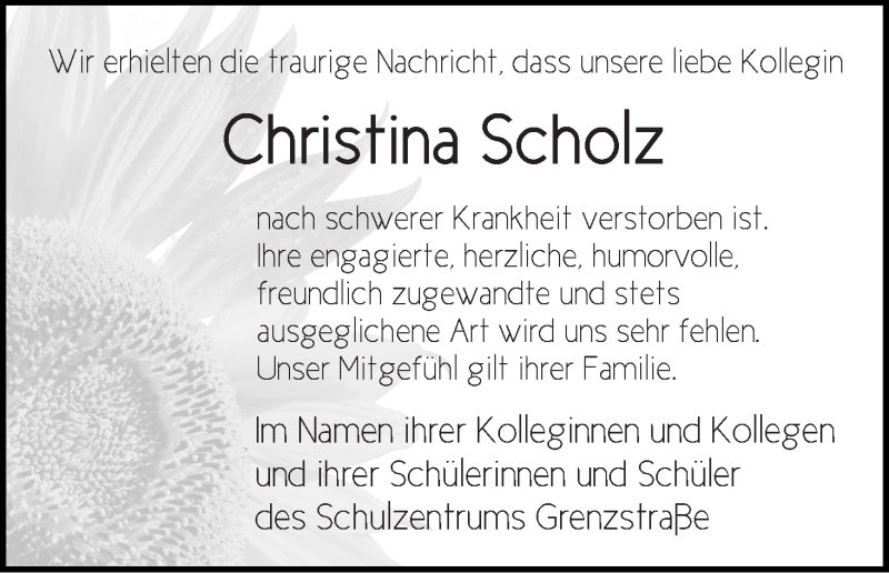 Traueranzeige von Christina Scholz von Wuemme Zeitung