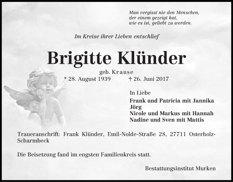 Traueranzeige von Brigitte Klünder von Osterholzer Kreisblatt