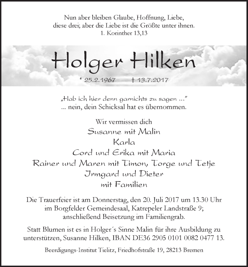 Traueranzeige von Holger Hilken von WESER-KURIER