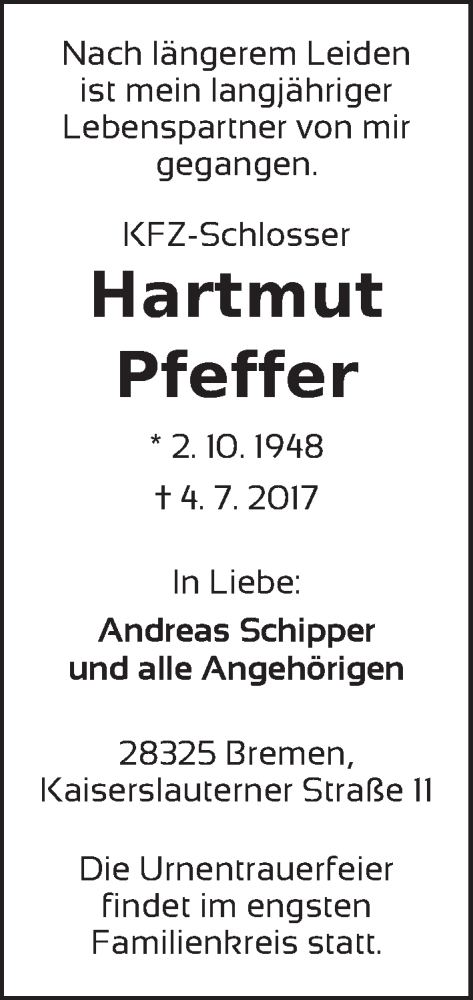 Traueranzeige von Hartmut Pfeffer von WESER-KURIER