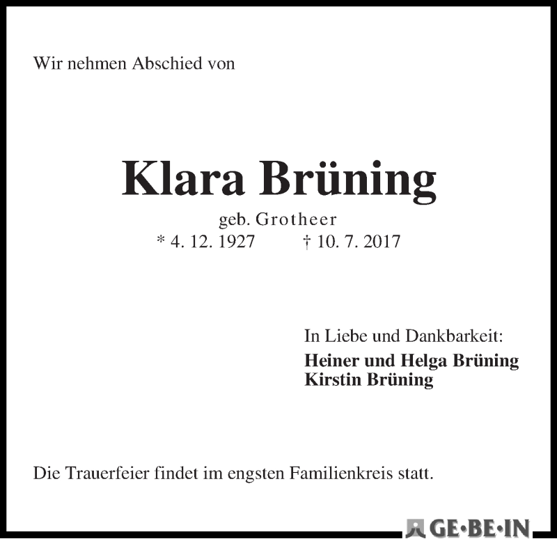Traueranzeige von Klara Brüning von WESER-KURIER