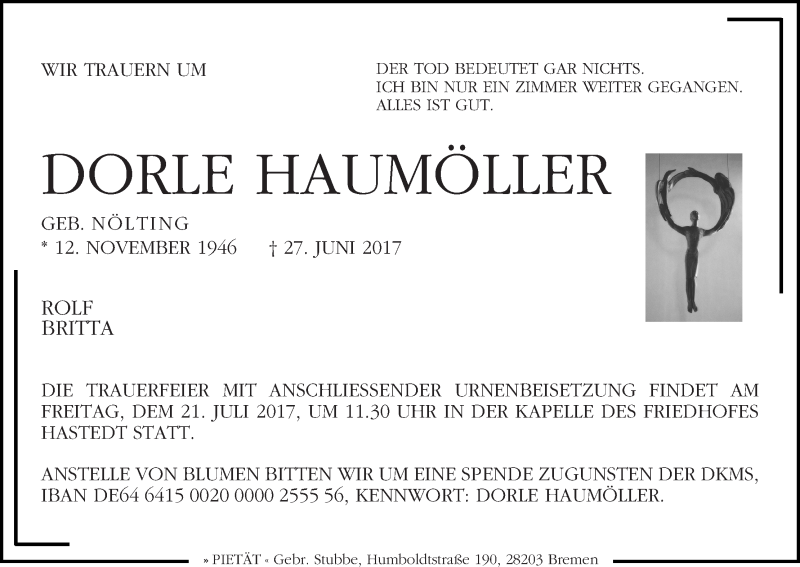 Traueranzeige von Dorle Haumöller von WESER-KURIER