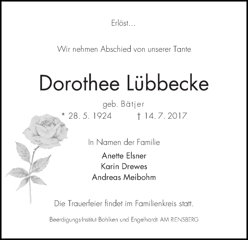 Traueranzeige von Dorothee Lübbecke von WESER-KURIER