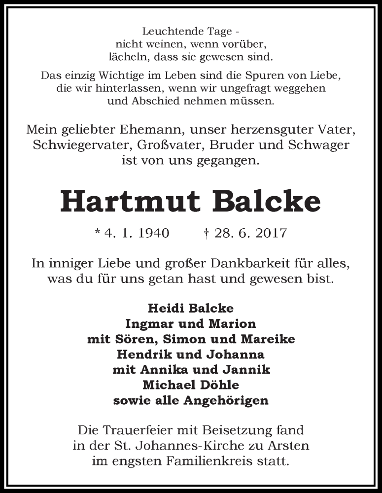 Traueranzeige von Hartmut Balcke von WESER-KURIER