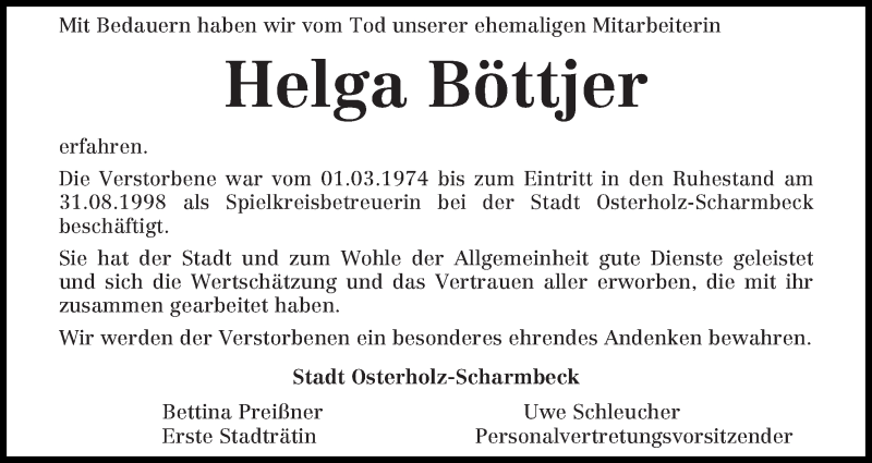 Traueranzeige von Helga Böttjer von Osterholzer Kreisblatt