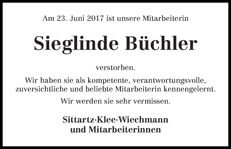 Traueranzeige von Sieglinde Büchler von Die Norddeutsche